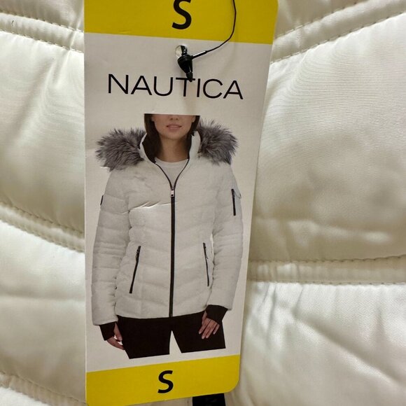 New Nautica Women's Puffer Jacket Size S White Water Resistant Faux Fur Hood - Picture 13 of 15